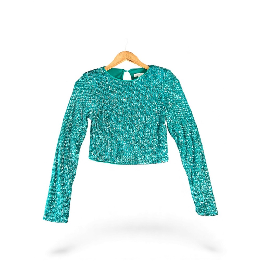 BETTER BE Sequin Long Sleeve Crop‎ Top Teal Green Women's